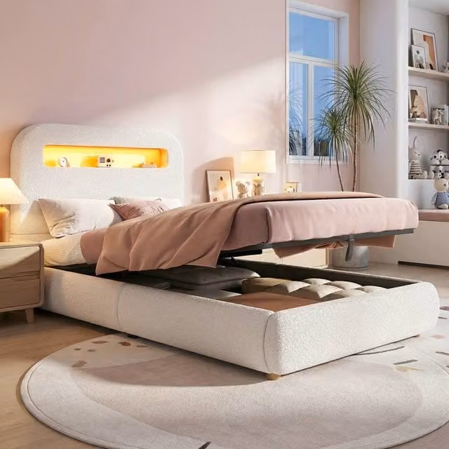 Matteo Children's Single Upholstered Bed in White Bouclé with Storage and LED Lighting – 1