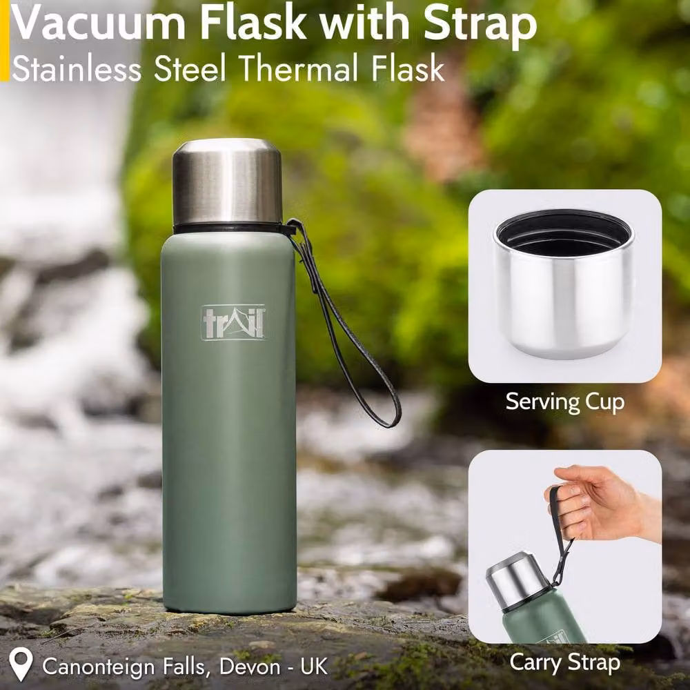Trail Stainless Steel Vacuum Insulated Leisure Flask with Strap, Green, 800 ml – 2