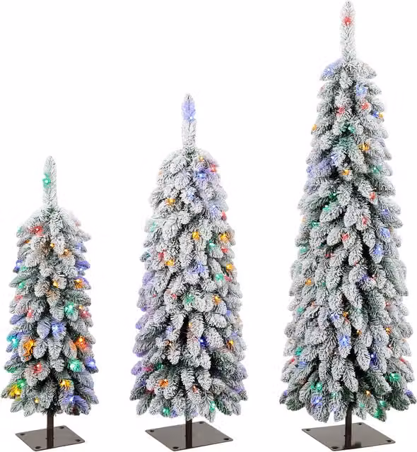 HOMCOM Set of 3 Snowy Pre-Lit LED Artificial Christmas Trees with PVC Branches in Green and White, H: 90 cm, H: 120 cm, H: 150 cm