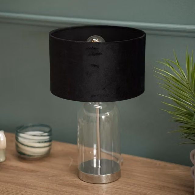 ValueLights Jessy Chrome and Glass Table Lamp with Black Fabric Shade in Silver