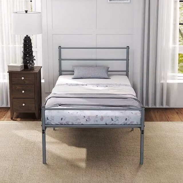SPETLEK Single Size Metal Bed Frame with Footboard in Silver, W/D/H: 90 x 200 cm
