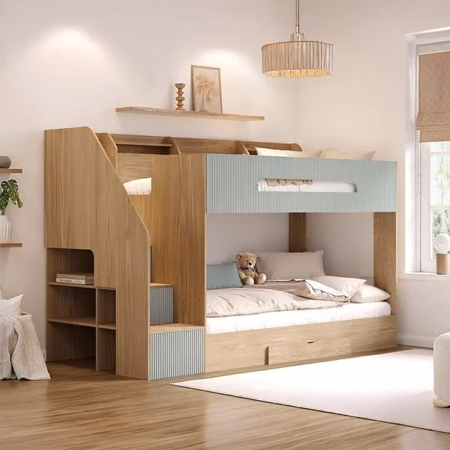 Flair Modern Two-Level Oak and Green Solid Wood Kids Bunk Bed with Stairs and Drawers in Brown