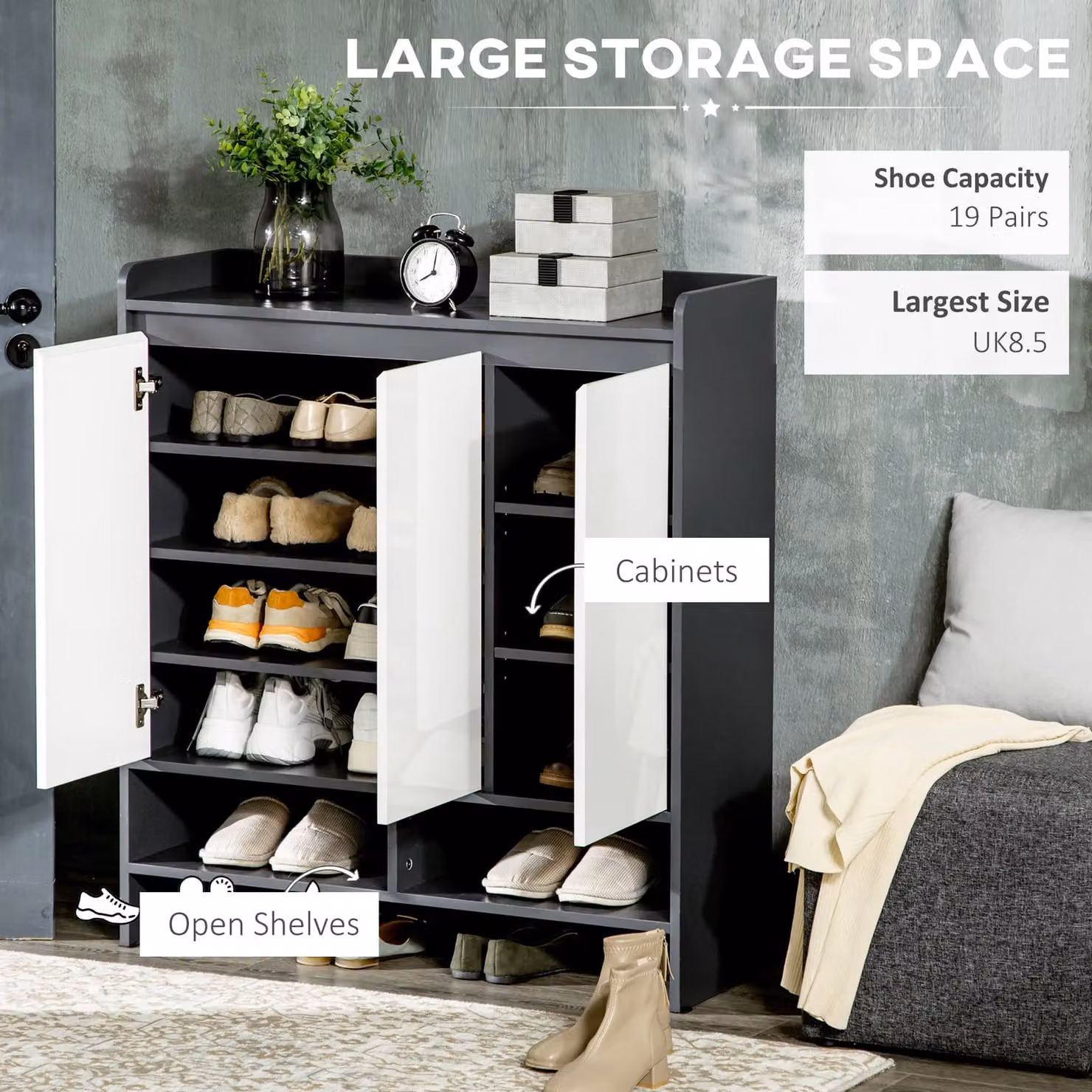 HOMCOM Modern Grey Shoe Cabinet with High Gloss White Doors and Internal Shelves for 19 Pairs of Shoes – 3