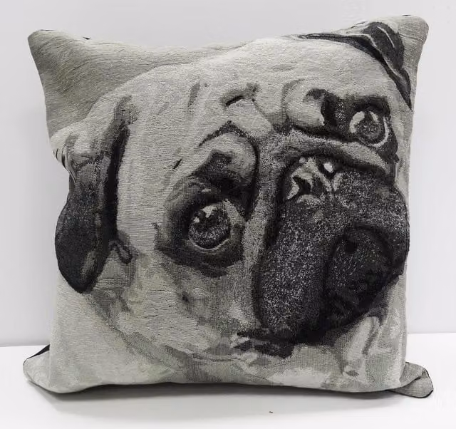 Rapport Home Urban Unique Tapestry Pug Graphic Photo Cushion in Black and White, W/D/H: 45.72 x 45.72 x 45.72 cm