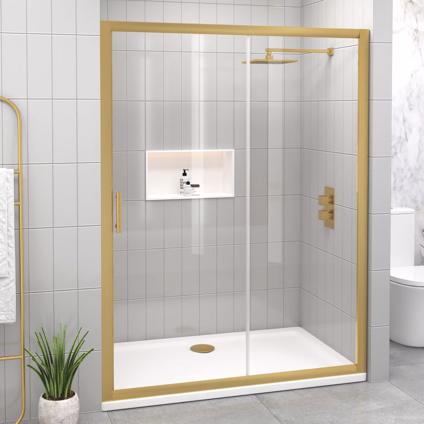 Royal Bathrooms Venice Sliding Shower Door in Brushed Brass with 6mm Glass, Width: 100 cm