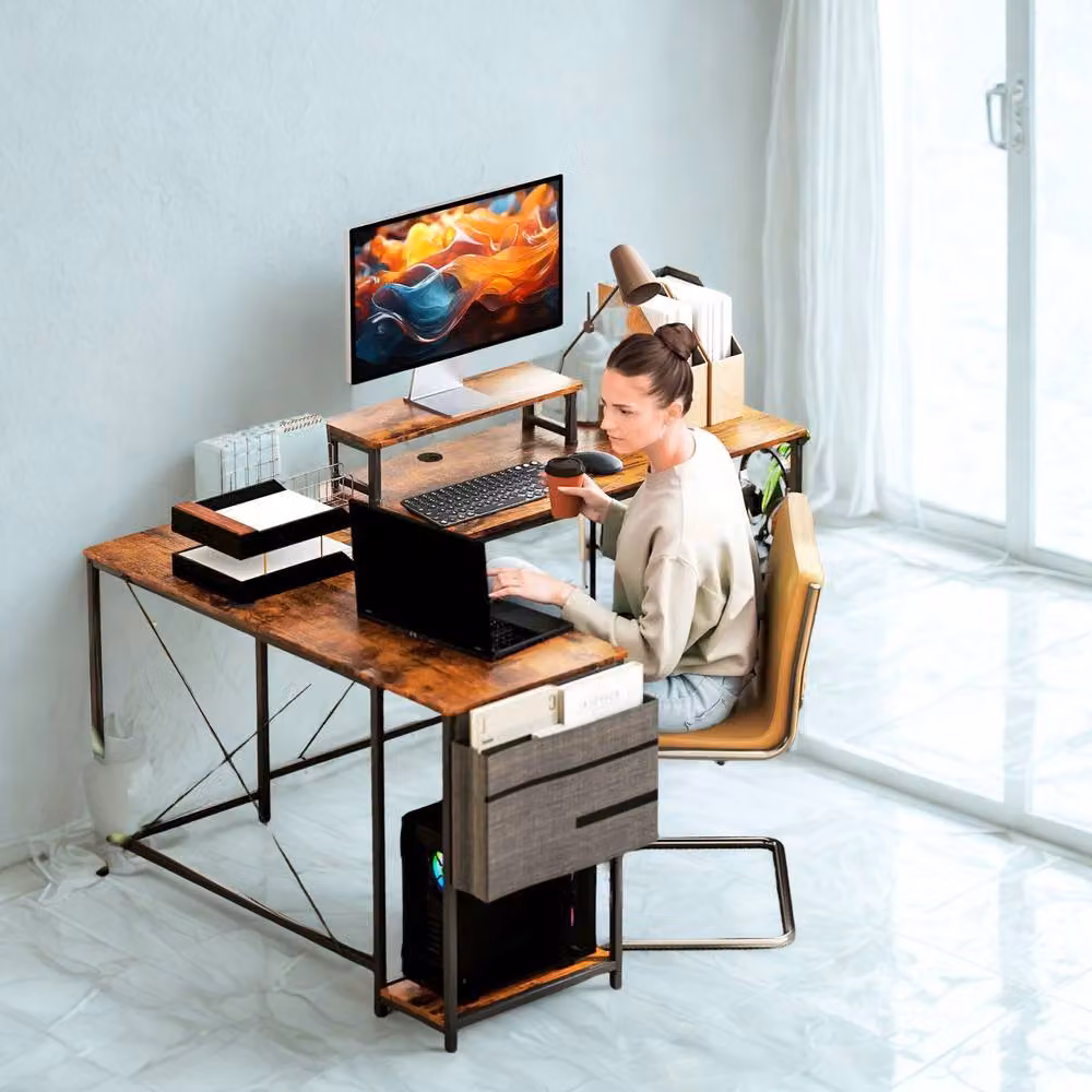 FURNOS Industrial L Shaped Corner Computer Desk in Brown, W/D/H: 168 x 120 x 76 cm – 4