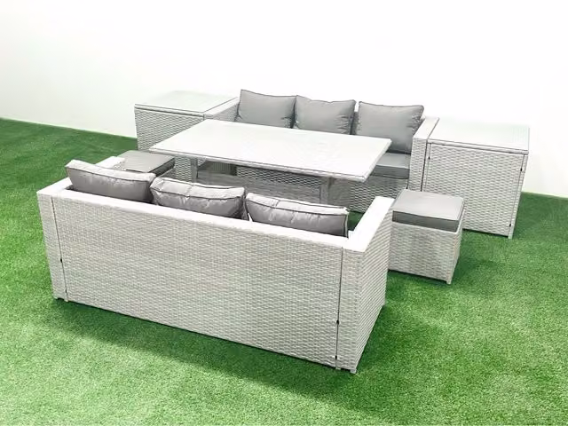 Fimous 8-Seater Rattan Garden Furniture Set in Light Grey Mixed with Dark Grey Fabric and Glass Top