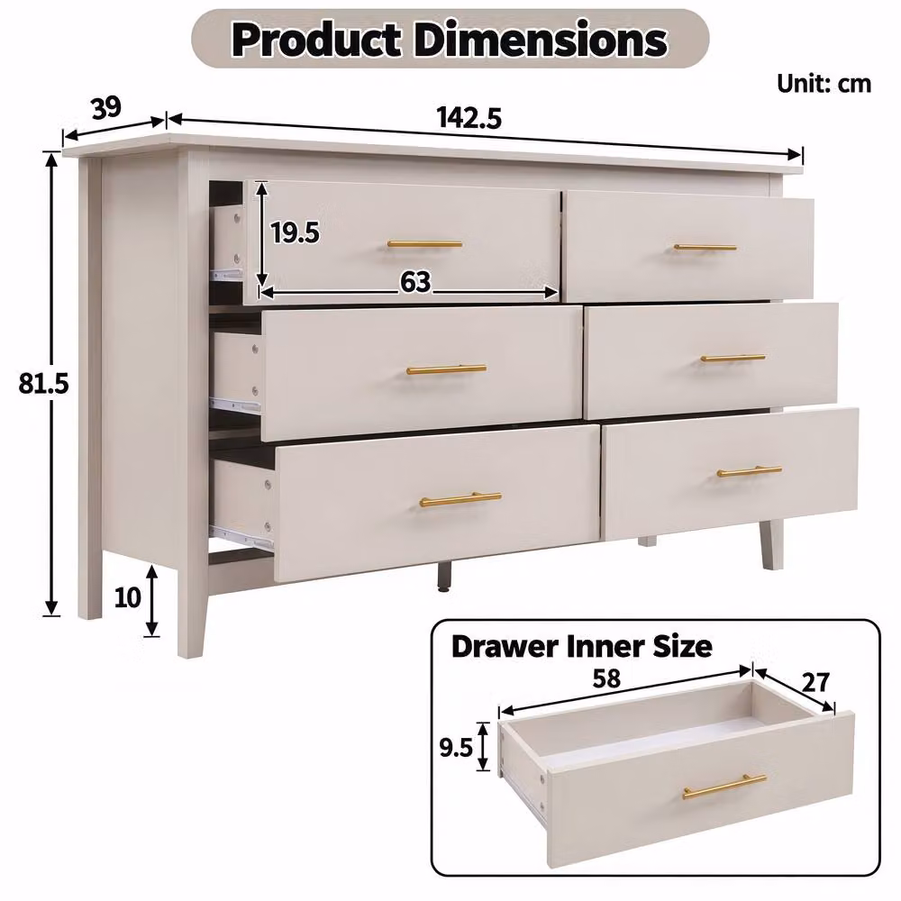 Merax Modern 6 Drawer Chest of Drawers Wide Bedroom Storage Cabinet in Beige – 2
