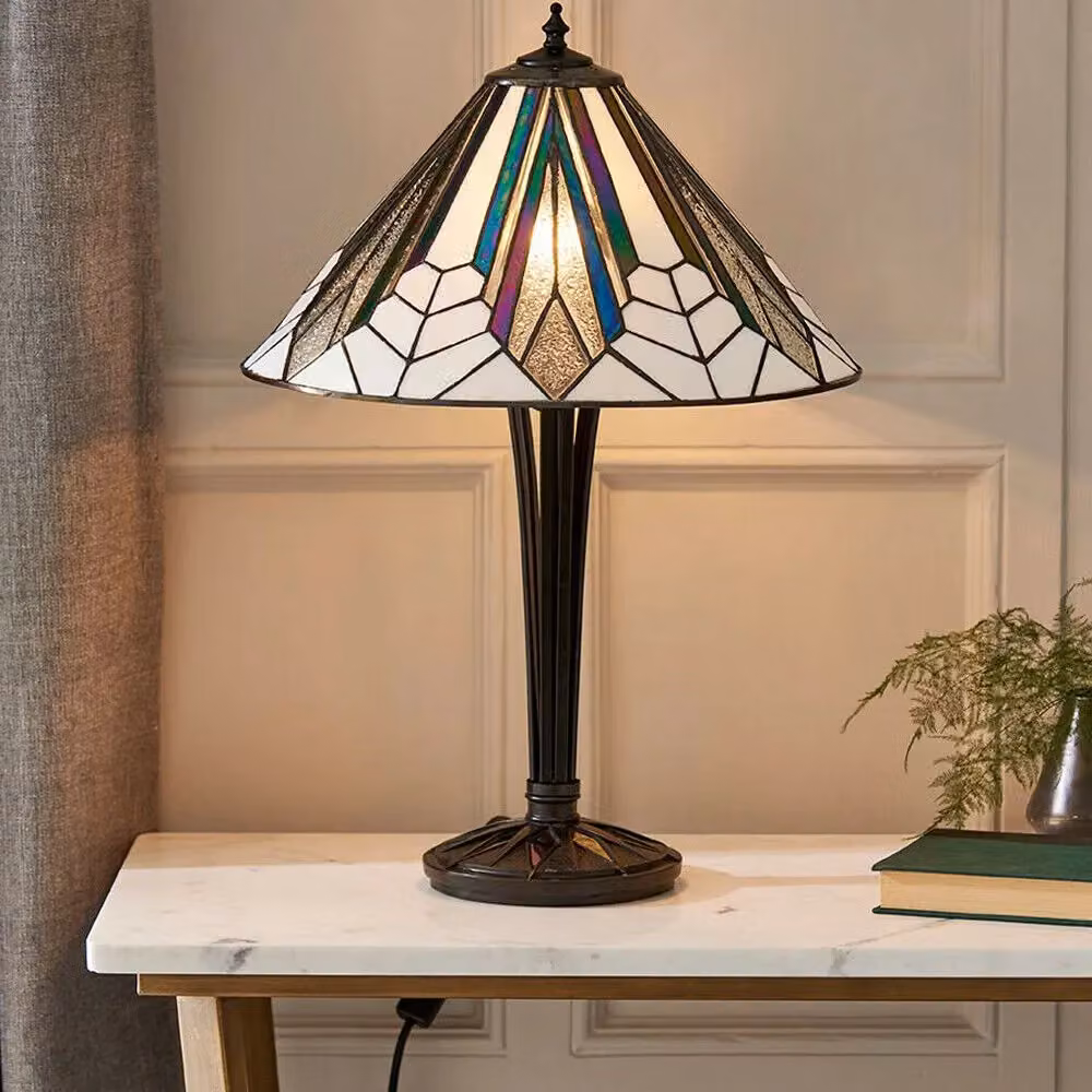 Loops Tiffany Glass Table Lamp in Black with Art Deco Iridescent Textured Shade – 3