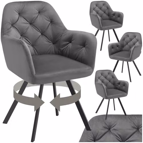 tectake Set of 4 Anthracite Velvet Swivel Dining Chairs with Armrests and Geometric Pattern – 1