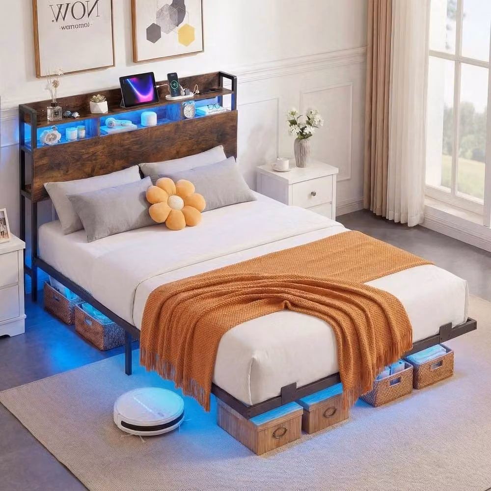 Kelvenix King Size Floating Bed Frame with LED Under-Bed Lighting and Side Compartments in Brown – 3