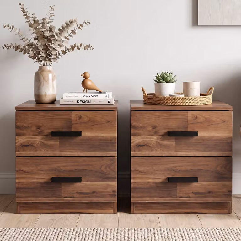 DHS Blythe Dark Bronx Bedside Table Pair in Brown with 2 Drawers and Wooden Handles, W/D/H: 45 x 40 x 36 cm