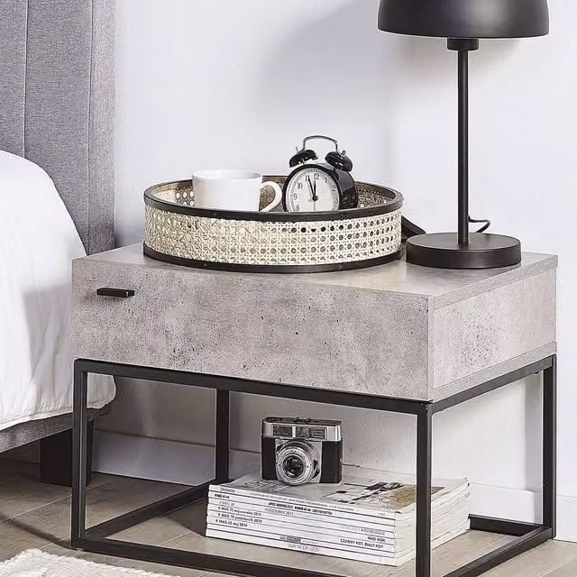 Wyld and Coco Grey Concrete Effect Bedside Table with 1 Drawer and Black Metal Base, W/D/H: 41 x 39 x 55 cm – 1