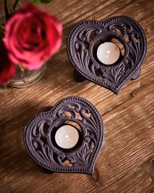Dibor Set of 2 Black Cast Iron Heart Tealight Candle Holders, Height: 13 cm – 1