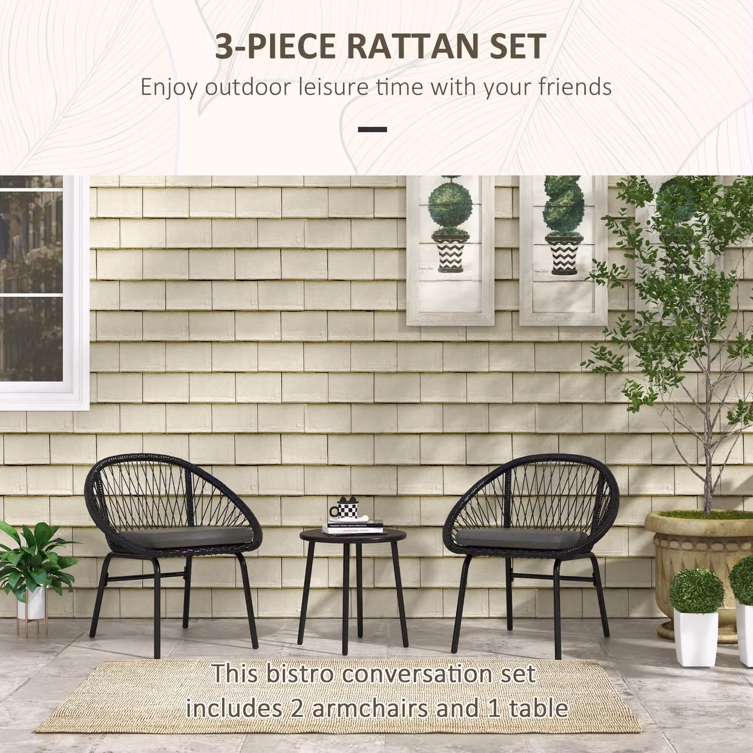 Outsunny 3 Piece Black PE Rattan Bistro Set with Cushions, 2 Armchairs and Round Metal Coffee Table – 4