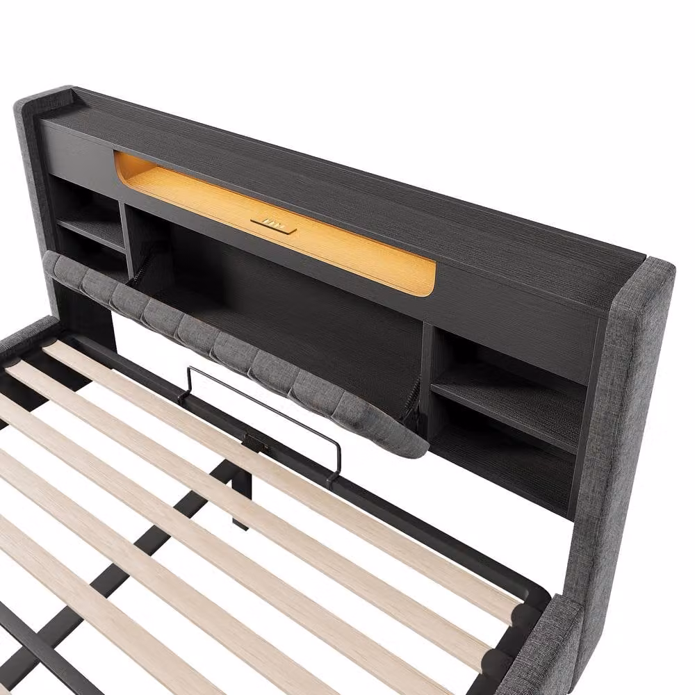 FENCHILIN Upholstered LED Bed Frame with Hydraulic Storage and Charging Station, Grey, W/D/H: 200 x 188 x 115 cm – 5