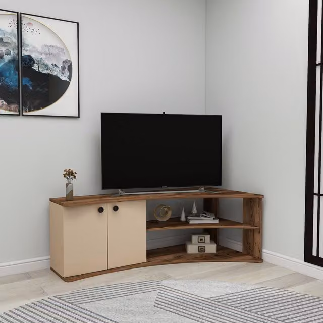 Destina Home Termera Reversible Corner TV Stand Entertainment Center in Brown and Beige, W/D/H: 135 x 68 x 49 cm – 1