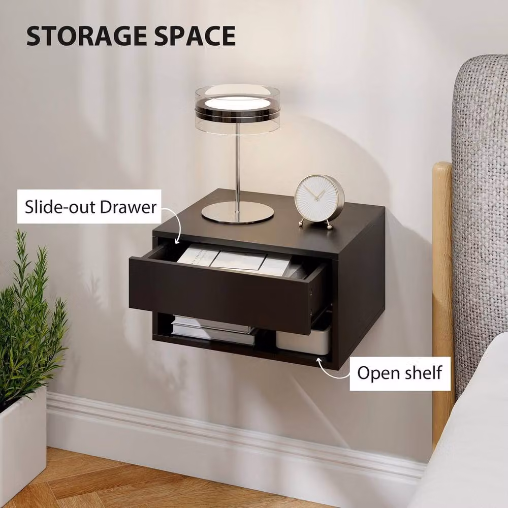 EONLION Set of 2 Black Modern Bedside Tables with Drawer and Shelf – 5