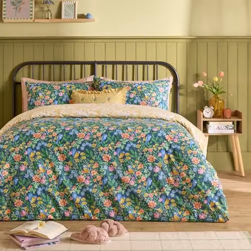 Furn Emerie Reversible Floral Cotton Duvet Cover Set in Blue and Multicolour, W/H: 90 x 200 cm