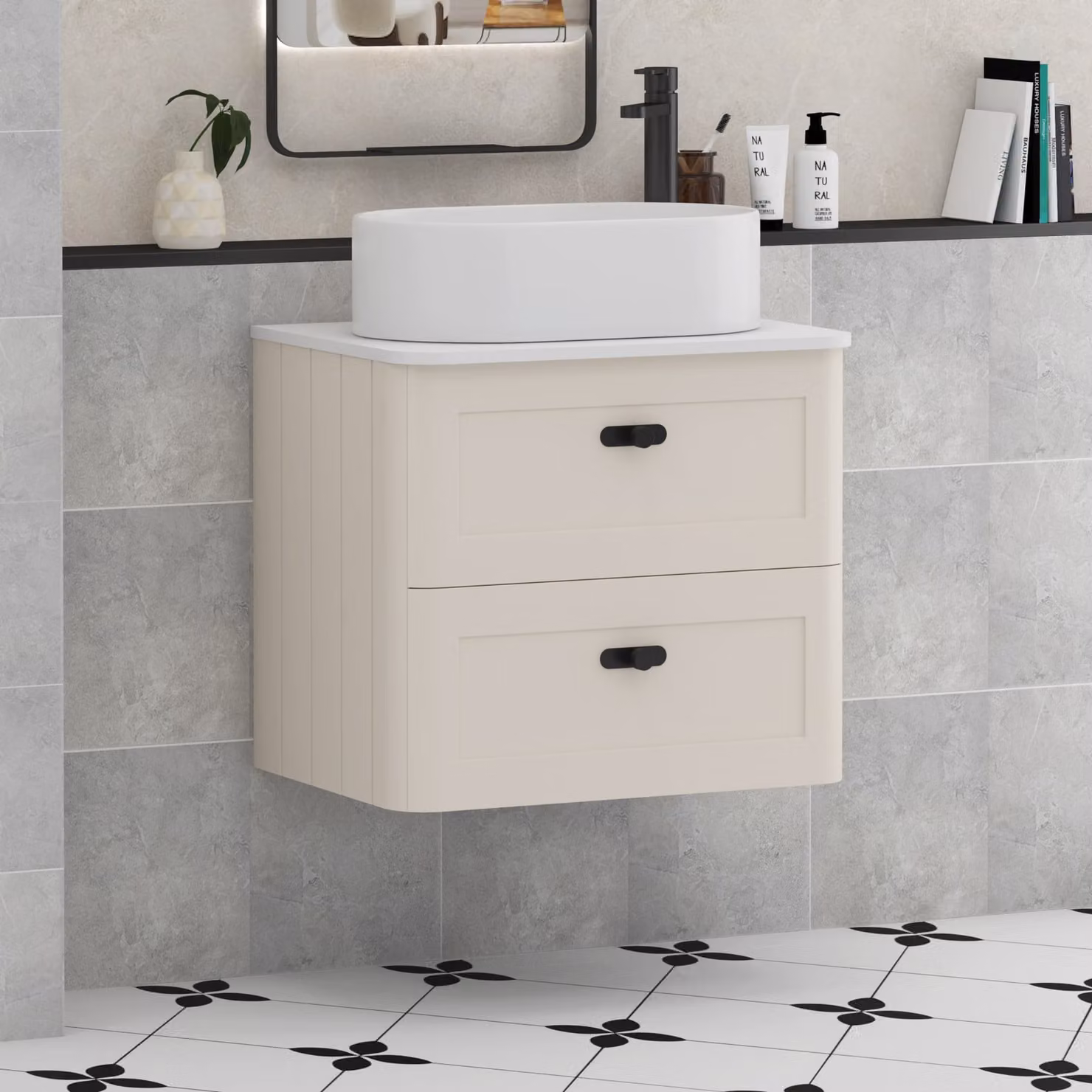 Royal Bathrooms Henley 600mm Wall Hung Vanity Unit in Mushroom Cashmere with 2 Drawers, Plain White Worktop, Peak Basin and Matt Black Knob