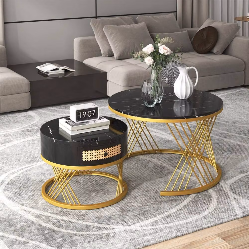 VOGREX Nesting Coffee and Side Table Set of 2 with Black Marble Tops and Gold Metal Frames, Round – 3