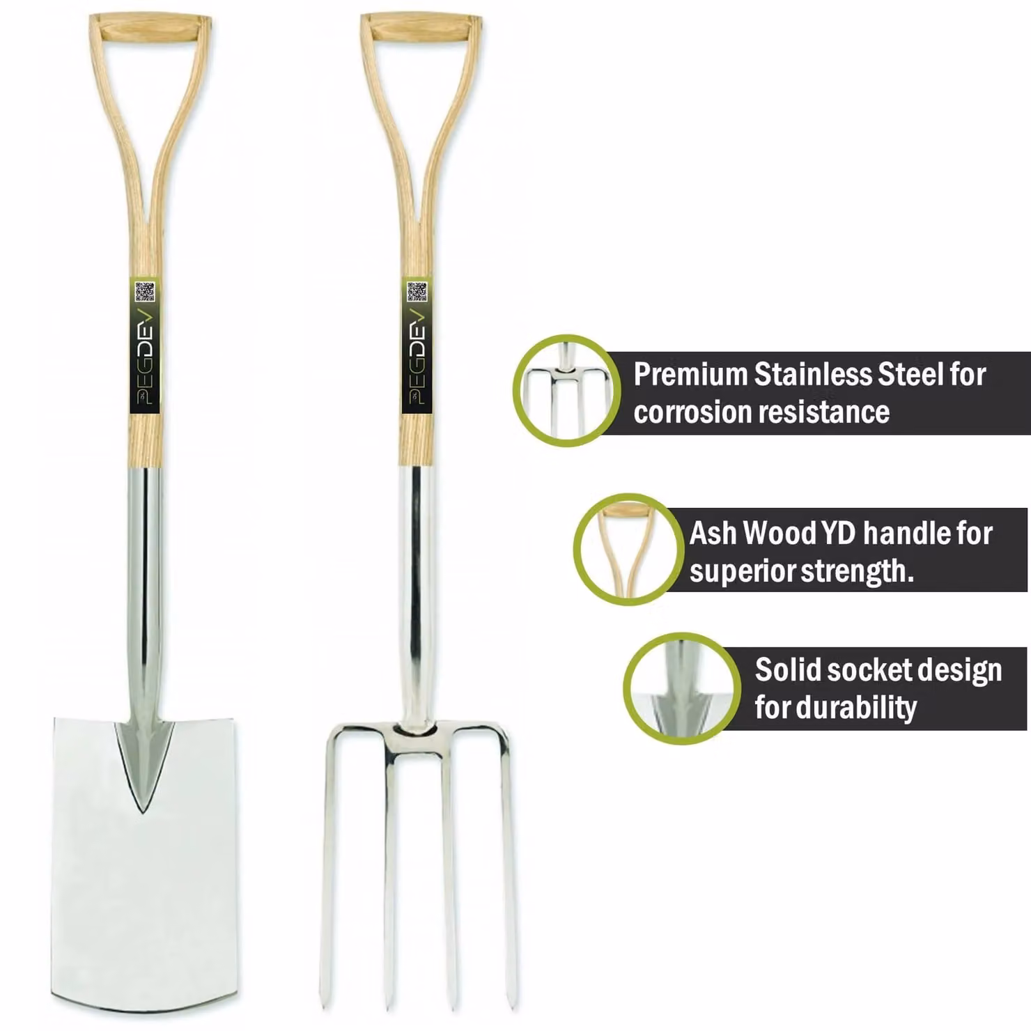 Pegdev Premium Stainless Steel Garden Spade and Fork Set with Ash Wood Handles in Silver and Brown