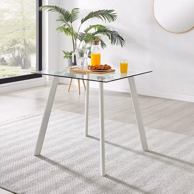 FurnitureboxUK Seattle 4 Seat Square Glass Dining Table with White Legs