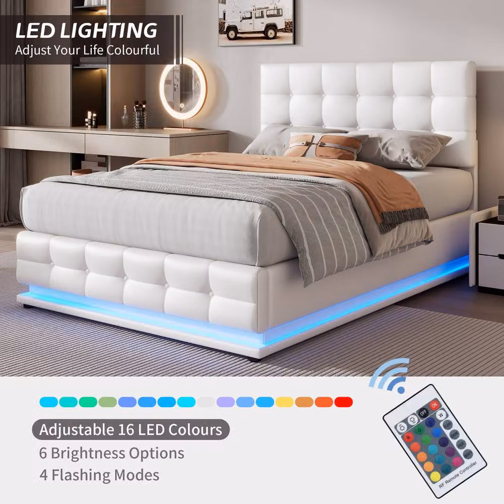 HomeTouch Kelly Double Ottoman Storage Bed in White PU Faux Leather with LED Under-Bed Lighting, W/D/H: 140 x 200 cm – 3