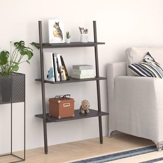 Berkfield Home 3-Tier Black Metal Leaning Ladder Shelf, W/D/H: 64 x 34 x 116 cm
