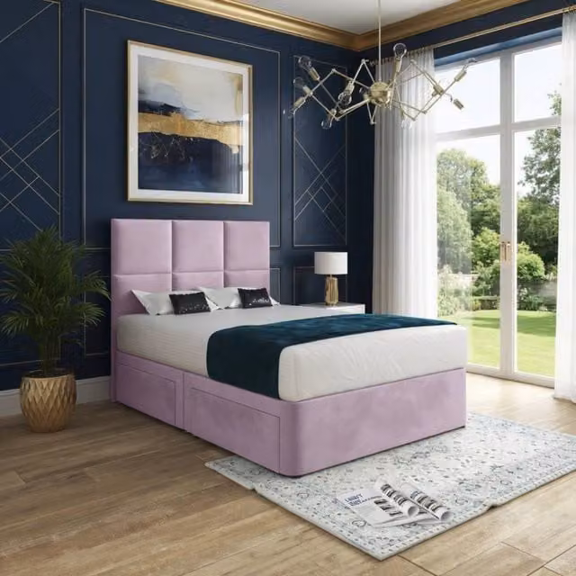 KDMD Itchen Pink Velvet Upholstered Designer Bed Frame with Floorstanding Headboard and Drawers, W/D/H: 120 x 200 x 137 cm
