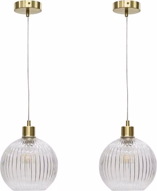 First Choice Lighting Betchley Set of 2 Pendant Lights with Transparent Ribbed Glass Globes and Gold Brass Finishes – 1