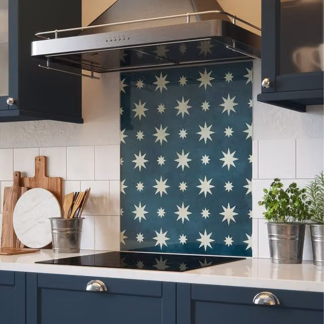 House Beautiful Jasper Indigo Blue Glass Kitchen Splashback, Width: 60 cm