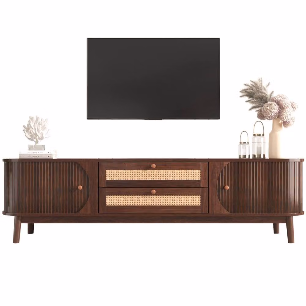 BTM Walnut TV Cabinet in Dark Brown with Rattan Drawers and Doors, Country Style, W/D/H: 170.0 x 39.5 x 46.0 cm – 2