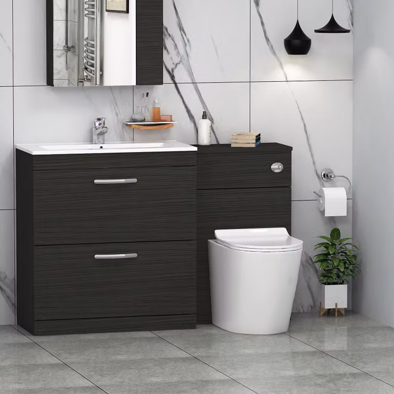 Royal Bathrooms Modern Turin 1300mm Hale Black 2-Drawer Minimalist Basin and Cesar Back to Wall Toilet Pack