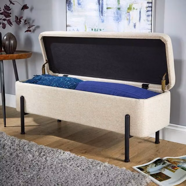 Home Source Boucle Velvet Storage Ottoman Seat with Metal Legs in Off-White – 1