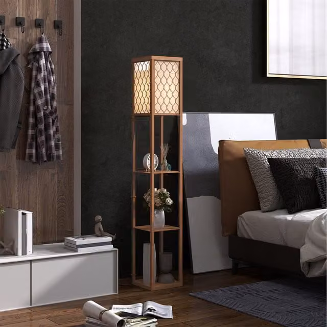 HOMCOM Modern 4 Tier Wood Floor Lamp with Shelves in Natural Brown and White