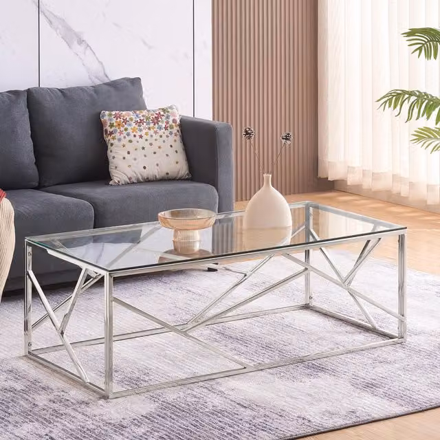Comfy Living Modern Rectangular Glass and Metal Coffee Table in Silver
