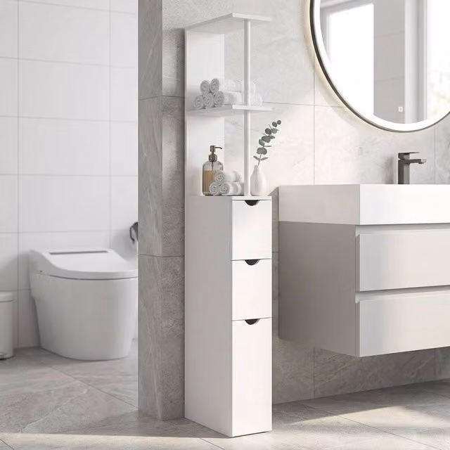 STILVORA White Matt Freestanding Bathroom Storage Cabinet with Internal Drawers and Shelves – 1