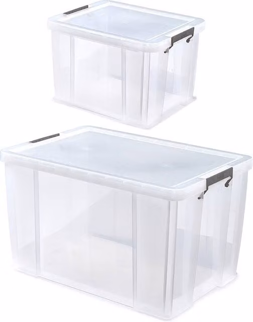 Whitefurze Set of 2 Allstore Transparent Plastic Storage Boxes with Lids and Silver Clamps