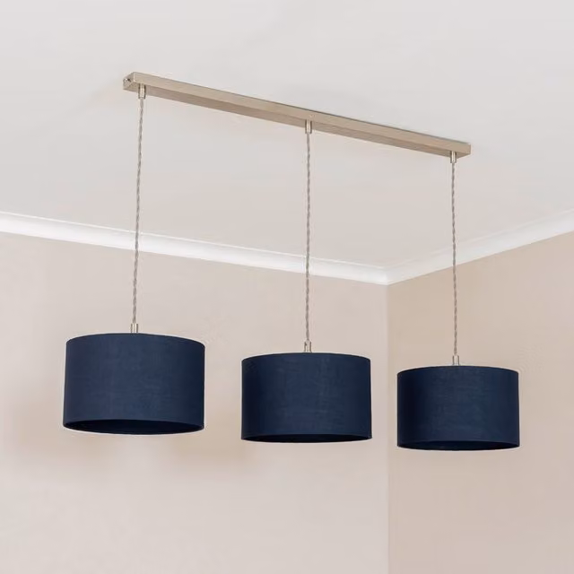 ValueLights Reni Brushed Chrome 3 Drop Bar Ceiling Pendant Light with Blue Fabric Shades
