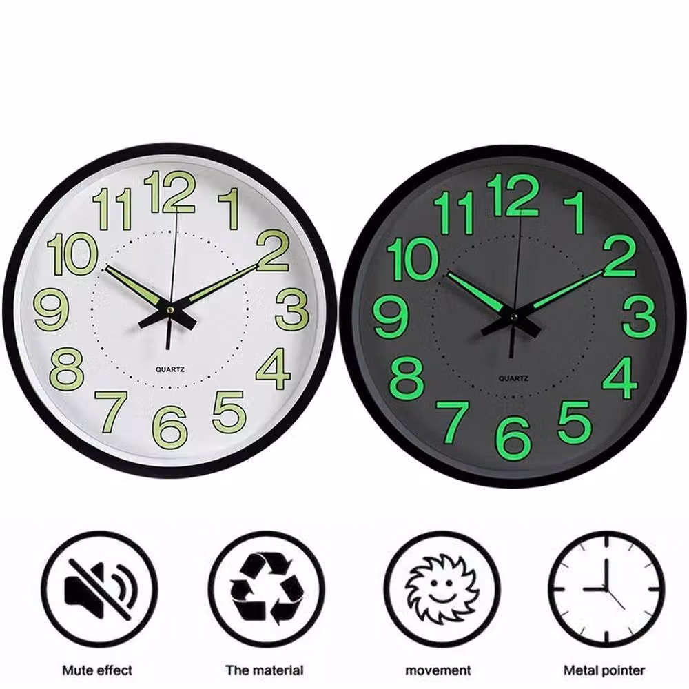 NESTLUNE Black Plastic Luminous Round Analogue Wall Clock with Glow in the Dark Feature, Diameter: 30.48 cm – 4