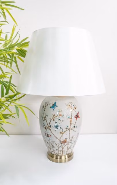 Downton Interiors Grey Butterfly Ceramic Table Lamp with White Fabric Cone Shade