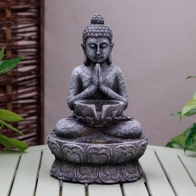 Primrose Praying Buddha Tabletop Water Feature with LED Lights in Grey