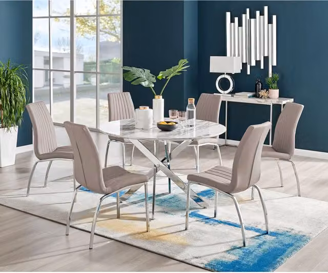 FurnitureboxUK Novara White Marble Effect Round Dining Table and 6 Isco Chairs in Cappuccino