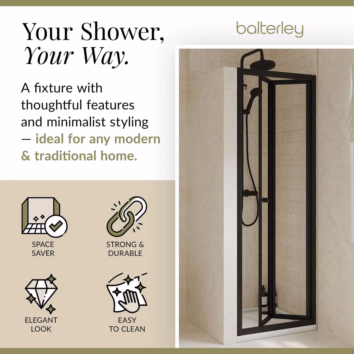 Balterley 4mm Toughened Safety Glass Bi-Fold Shower Door, Black, W: 700 mm, H: 1900 mm – 2