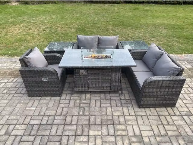 Fimous 6-Piece PE Rattan Garden Furniture Set with Gas Fire Pit Dining Table in Dark Grey