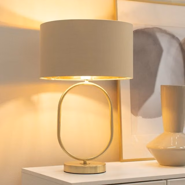 ValueLights Antonia Oval Table Lamp in Brushed Gold with Beige Fabric Shade and LED Bulb