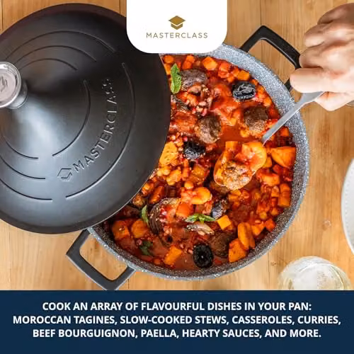 MasterClass Cast Aluminium Non-Stick Tagine Casserole Dish with Self-Basting Cone Lid, Black, Diameter: 28 cm, 4 L – 5