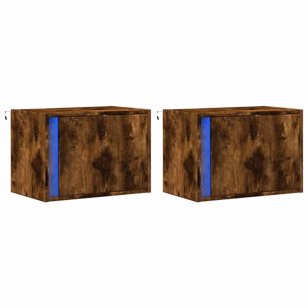 Berkfield Home Set of 2 Wall-mounted Bedside Cabinets with Integrated LED Lights in Smoked Oak Brown – 3