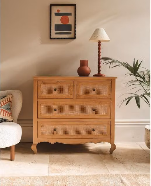 Louis French Classic Oak Wood and Rattan Chest of Drawers in Brown